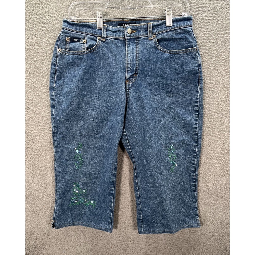 Izod Jeans Womens 10 Blue Denim Capri‎ Embroidered Floral Preppy Casual
